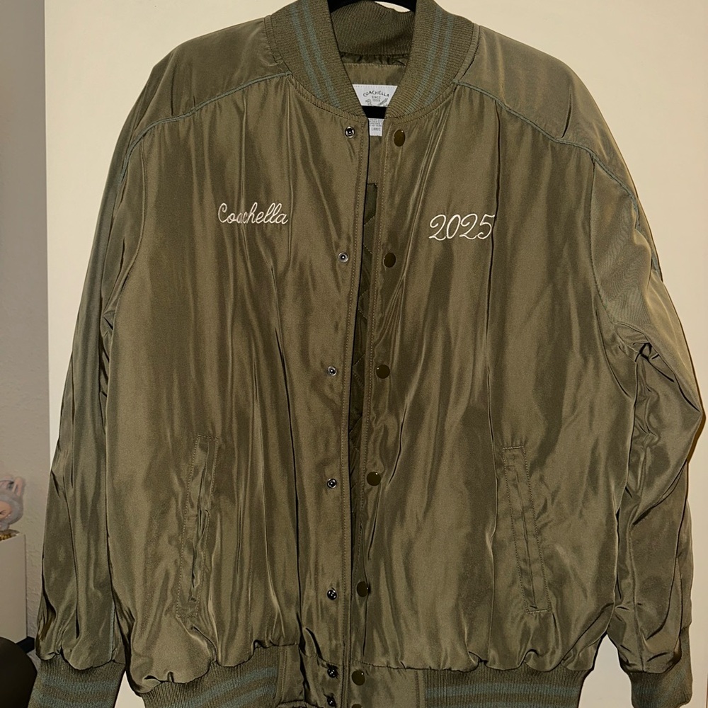 Coachella Olive Green Embroidered Bomber Jacket - Picture 2 of 3